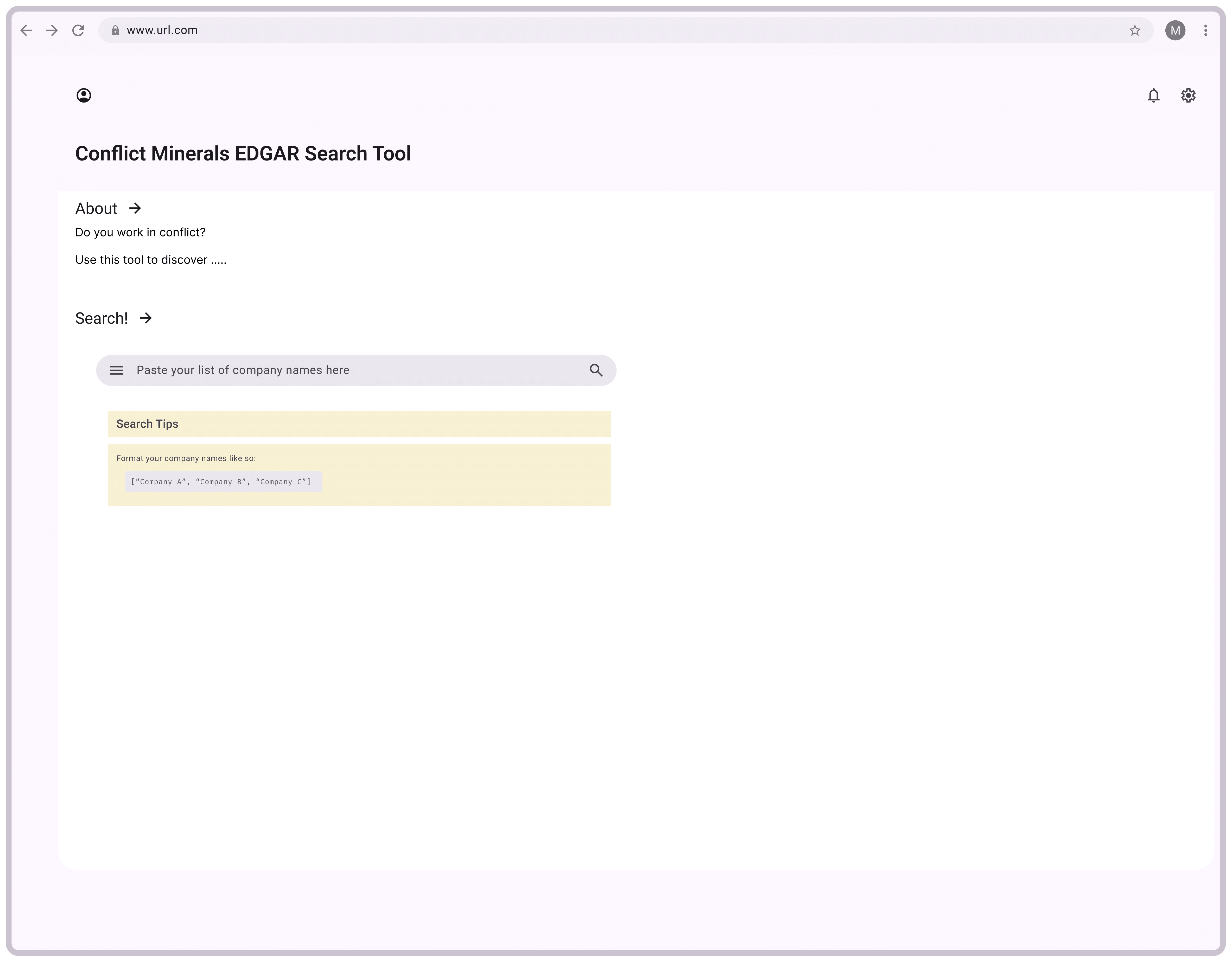 wire frame showing clean webpage with title and seach box